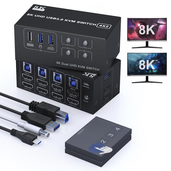 NÖRDIC KVM Switch 4 PC to 2 Monitors HDMI 8K@60Hz 4K@120Hz 4XUSB-A