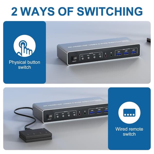 NÖRDIC KVM 4x2 Switch 4PC till Dual Monitor HDMI & DP 8K60Hz med 2x3.5mm och 2xUSB-A