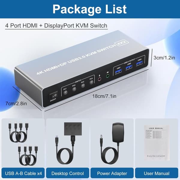 NÖRDIC KVM 4x2 Switch 4PC till Dual Monitor HDMI & DP 8K60Hz med 2x3.5mm och 2xUSB-A
