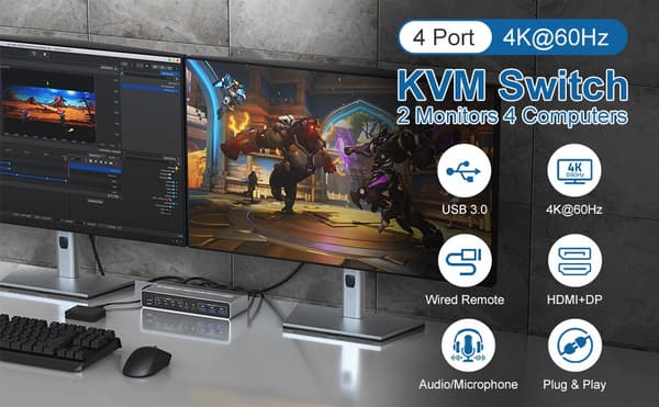 NÖRDIC KVM 4x2 Switch 4PC till Dual Monitor HDMI & DP 8K60Hz med 2x3.5mm och 2xUSB-A
