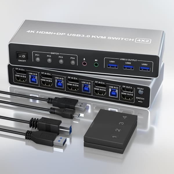 NÖRDIC KVM 4x2 Switch 4PC till Dual Monitor HDMI & DP 8K60Hz med 2x3.5mm och 2xUSB-A