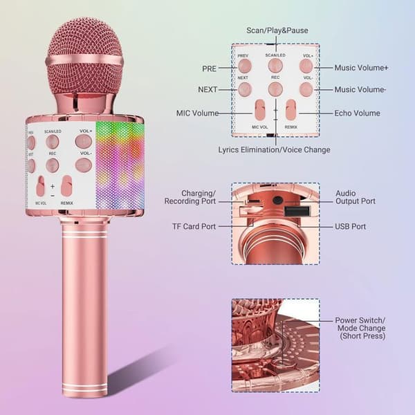 Trådlös karaoke-mikrofon, karaoke-mikrofon för barn med dansande LED-ljus, Bluetooth-mikrofon för barn