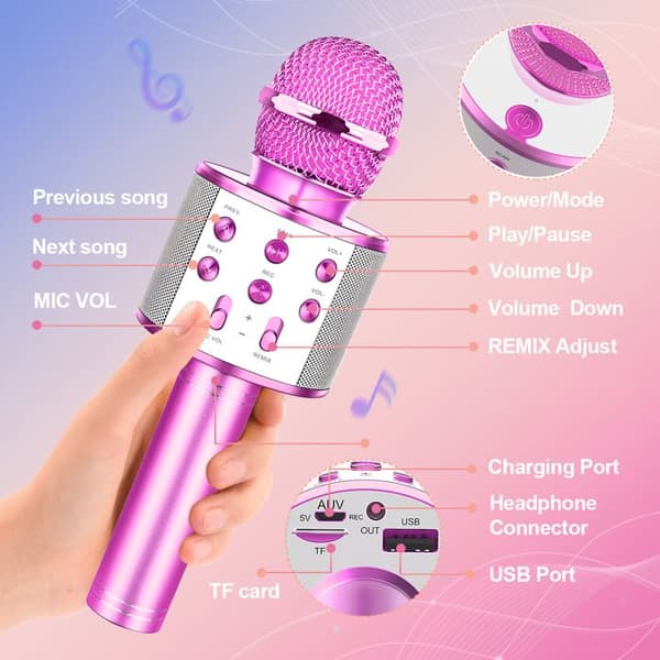 Trådlös karaokemikrofon, ATOPDREAM, Bluetooth USB-mikrofon, trådlös mikrofon, presenter för flickor och pojkar i åldrarna 3 till 12 - lila