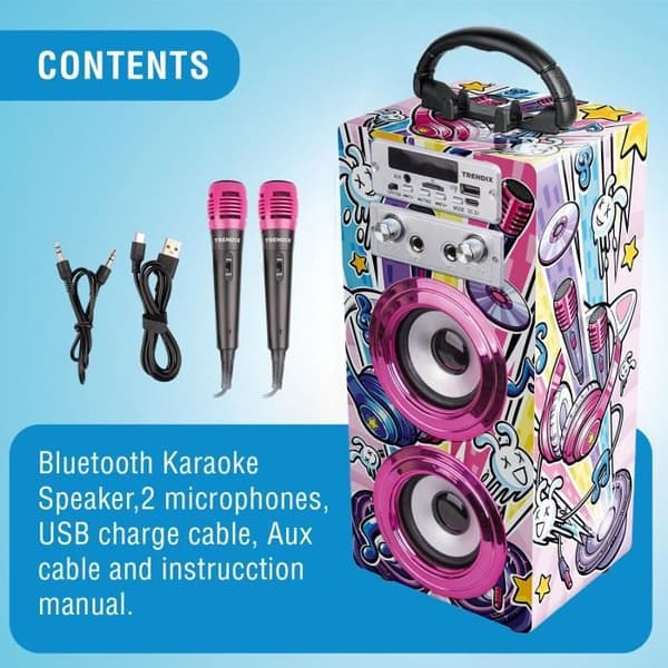 Karaokehögtalare för barn - Tendrix - 2 mikrofoner - Bluetooth - AUX - FM-radio - USB