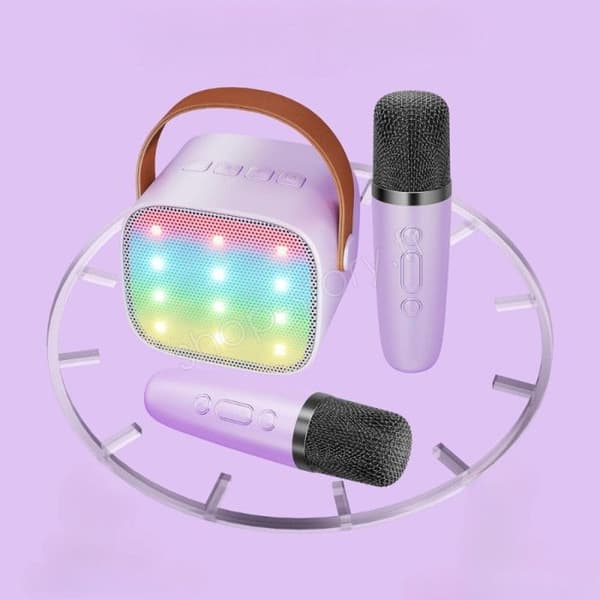 SHOP-STORY - KARAOKIT_VI: Bärbart Karaoke Kit med LED-högtalare och 2 trådlösa Bluetooth-mikrofoner med ljudeffekter - Viole
