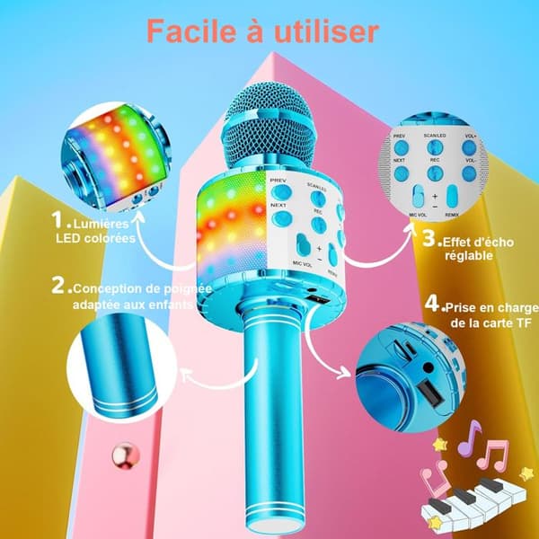 Micro barn, Trådlös karaoke-mikrofon - med LED dansljus - Bluetooth - Blå - för barn pojke flicka till fest sjunga present