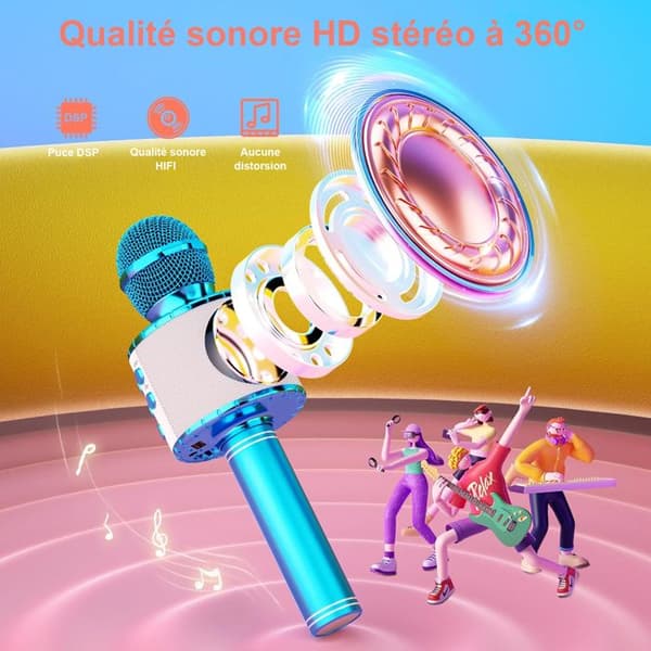 Micro barn, Trådlös karaoke-mikrofon - med LED dansljus - Bluetooth - Blå - för barn pojke flicka till fest sjunga present