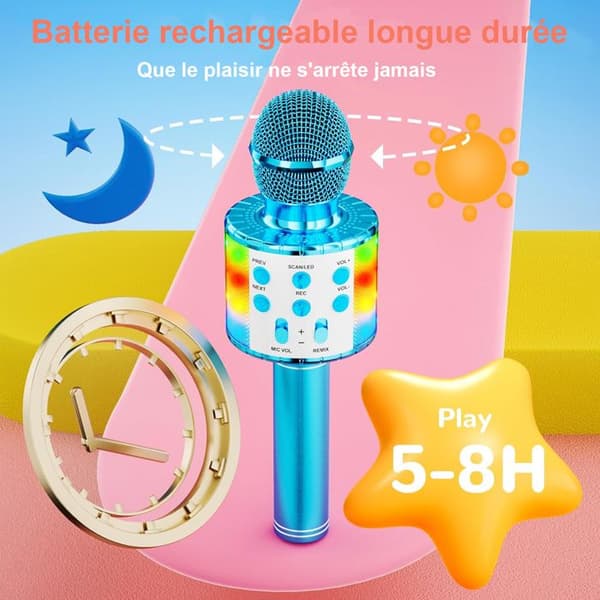 Micro barn, Trådlös karaoke-mikrofon - med LED dansljus - Bluetooth - Blå - för barn pojke flicka till fest sjunga present