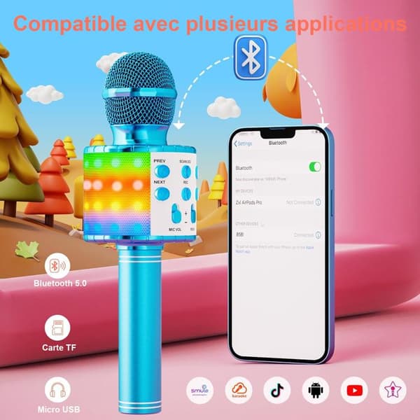 Micro barn, Trådlös karaoke-mikrofon - med LED dansljus - Bluetooth - Blå - för barn pojke flicka till fest sjunga present