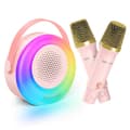 Miniatyrbillede 2 af 2: Karaoke-maskine, bærbar, 2 trådløse mikrofoner, interaktiv belysning,Lyserød
