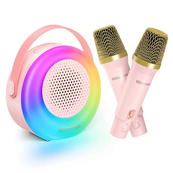 Karaoke-maskine, bærbar, 2 trådløse mikrofoner, interaktiv belysning,Lyserød