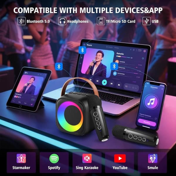OBOSOE Karaokemaskin, Portabel Bluetooth-högtalare med LED-ljus, Trådlös Mini Karaokemaskin Leksaksgåva till Barn och Vuxna
