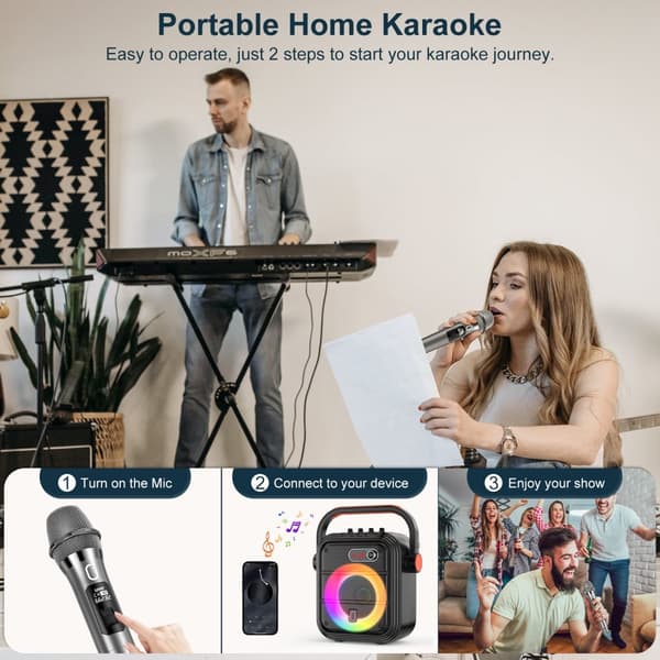 Bærbar karaoke højttaler, to trådløse mikrofoner, Bluetooth 5.3