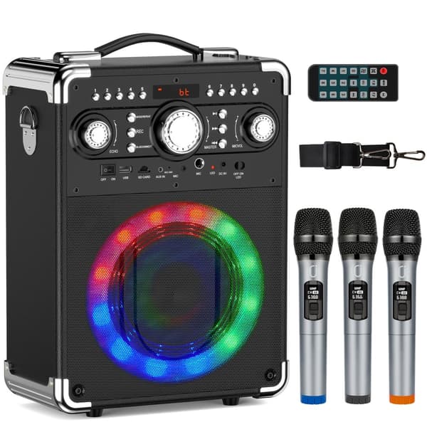 Karaoke Højttaler, Trådløse Mikrofoner: 3, Bluetooth Version: 5.3, LED Lys,sort