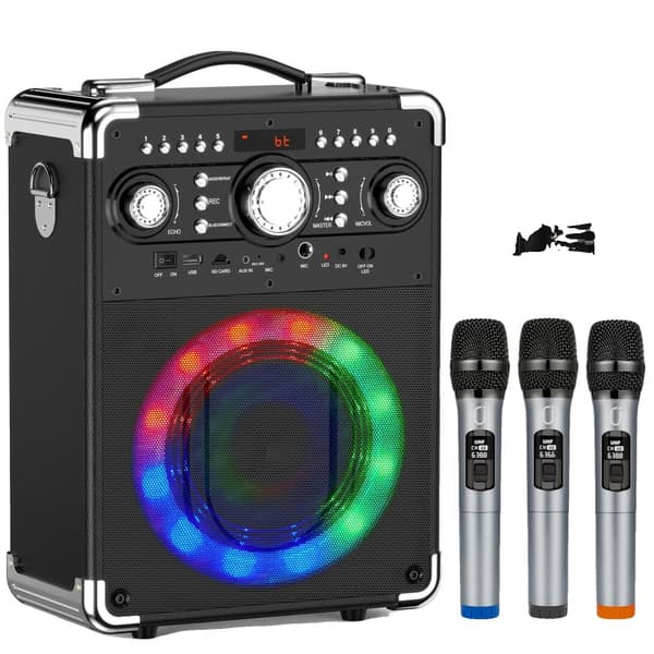 Karaoke Højttaler, Trådløse Mikrofoner: 3, Bluetooth Version: 5.3, LED Lys,sort