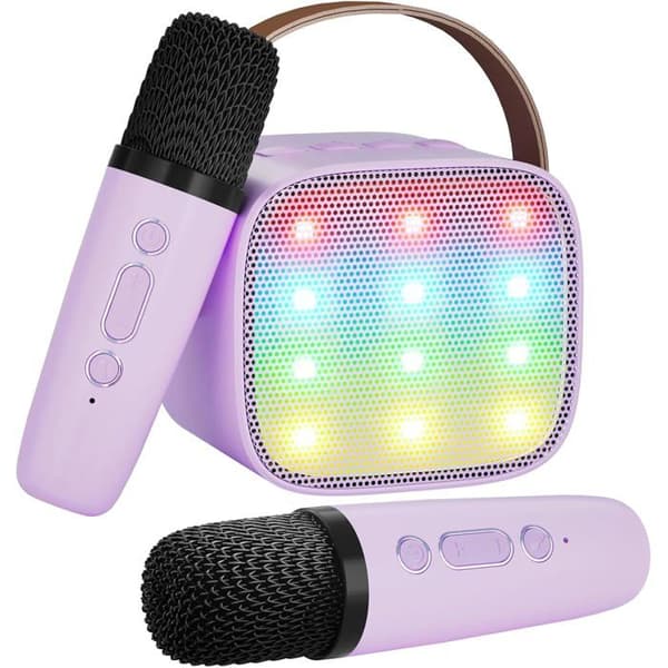 RisingFF karaoke-maskin för barn och vuxna, mini och portabel, med 2 mikrofoner, Lila