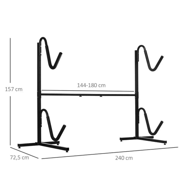 Rootz Kajakstativ - Holder 2 kajakker - Surfbrætter - Stand-up padler - Metalramme - Justerbar i bredden - Stål - Sort - 240L x 72,5W x 157H cm