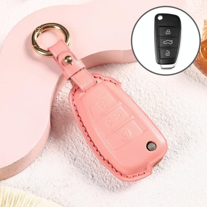 Car Female Style Cowhide Leather Key Protective Cover for Audi, Folding Type without Bow (Pink)