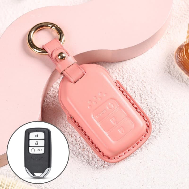 Car Female Style Cowhide Leather Key Protective Cover for Honda 3-button Start, without Bow(Pink)