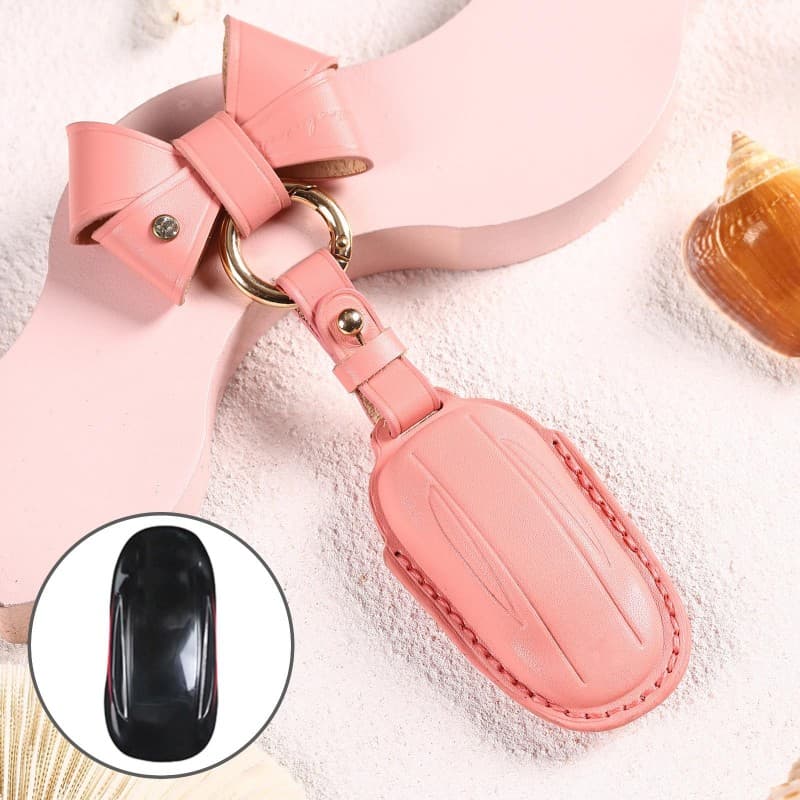 Car Female Style Cowhide Leather Key Protective Cover for Tesla Model 3, A Type with Bow (Pink)