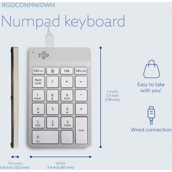 R-Go Numpad Break -numeronäppäimistö, langaton, valkoinen