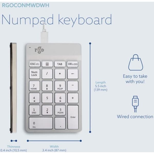 R-Go Numpad Break -numeronäppäimistö, langallinen, valkoinen