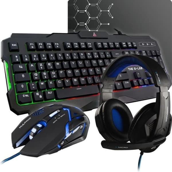 G-LAB KOMBO ARGON Bakgrundsbelyst prestanda Tangentbord FR + Mus Soft Touch-beläggning + KORP 100 Headset + Halkfri matta musta