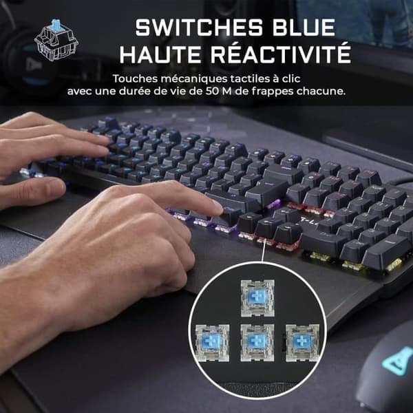 THE G-LAB Gaming Carbon Backlit mechanisk tangentbord - Switch Blues - handledsstöd - FR