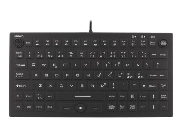 DELTACO TB-509 - Tangentbord - med pekpinne, musknapp - bakgrundsbelyst - USB - Nordisk - svart