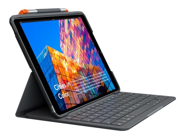 Logitech Slim Folio - Tastatur og folioveske - trådløs - Bluetooth - QWERTY - Italiensk - grafitt - for Apple 10.2-inch iPad (7. generasjon, 8. gener