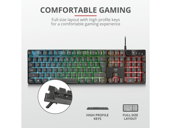 Trust GXT 835 Azor, Koblet med ledninger (ikke trådløs), USB, Mekanisk nøkkelbryter, QWERTY, LED, Sort