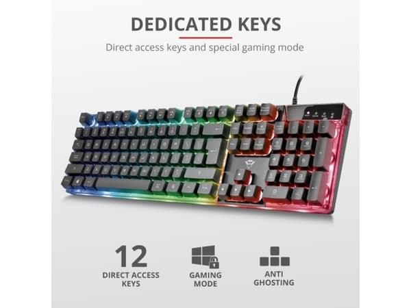 Trust GXT 835 Azor, Koblet med ledninger (ikke trådløs), USB, Mekanisk nøkkelbryter, QWERTY, LED, Sort