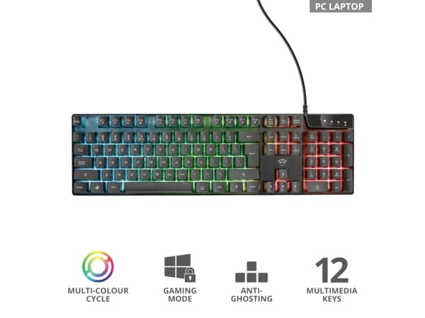 Trust GXT 835 Azor, Koblet med ledninger (ikke trådløs), USB, Mekanisk nøkkelbryter, QWERTY, LED, Sort