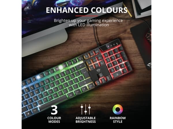 Trust GXT 835 Azor, Koblet med ledninger (ikke trådløs), USB, Mekanisk nøkkelbryter, QWERTY, LED, Sort