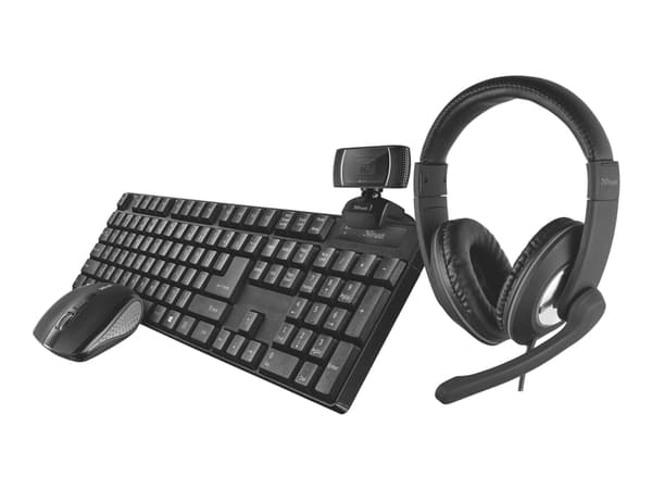 Trust Qoby 4-in-1 Home Office Set - Sett med tastatur, mus, hodetelefon og nettkamera - trådløs - USA