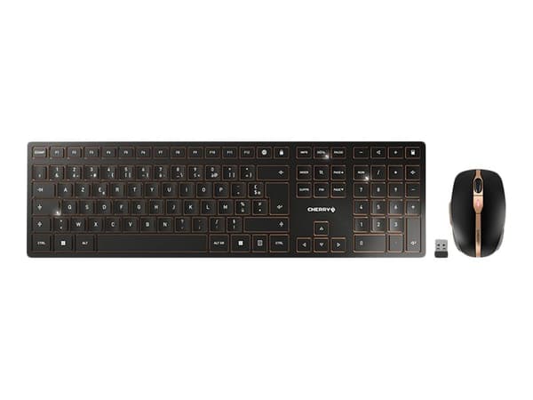 CHERRY DW 9100 SLIM - Tastatur- og mussett - trådløs - 2.4 GHz, Bluetooth 4.2 - Fransk - svart/bronse Sort