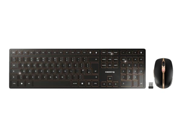 CHERRY DW 9100 SLIM - Sats med tangentbord och mus - trådlös - 2.4 GHz, Bluetooth 4.2 - QWERTY - brittisk - tangentbrytare: CHERRY SX - svart/brons Svart