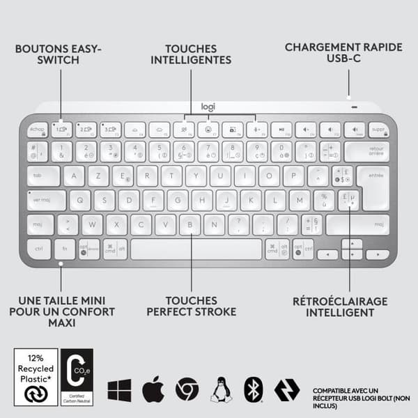 Logitech Wireless Keyboard - MX Keys Mini - PALE GRAY - Kompakt, Bluetooth, bakgrundsbelyst för MAC, iOS, Windows, Linux, Android