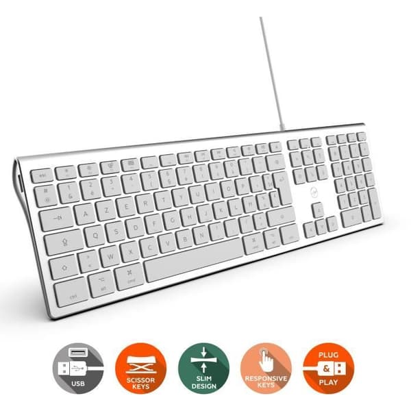 MOBILITY LAB ML304304 - Wired Touch Design Keyboard med 2 USB för Mac - AZERTY - Vit och silver