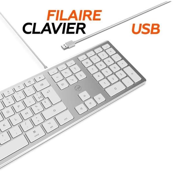MOBILITY LAB ML304304 - Wired Touch Design Keyboard med 2 USB för Mac - AZERTY - Vit och silver