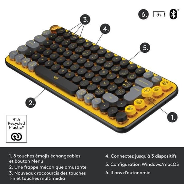 Logitech trådlöst tangentbord - mekaniska POP-nycklar med anpassningsbara emoji-nycklar, Bluetooth eller USB, hållbar kompakt design - gul
