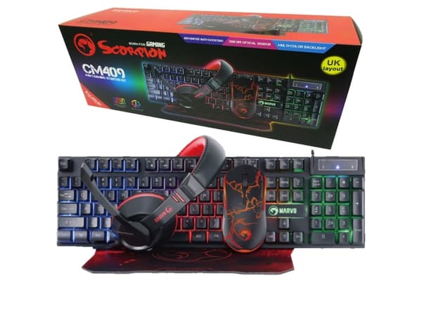 Marvo CM409-UK, Kabel, USB, Membrantangentbrytare, QWERTY, RGB LED, Svart Svart