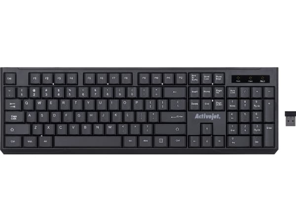Activejet K-3911W, Täysikokoinen (100 %), Langaton, Langaton RF, Kalvokytkin, QWERTY, Musta