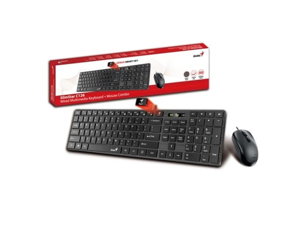Genius Computer Technology SlimStar C126, Fullstor (100 %), Kabel, USB, QWERTY, Svart, Mus inkluderad