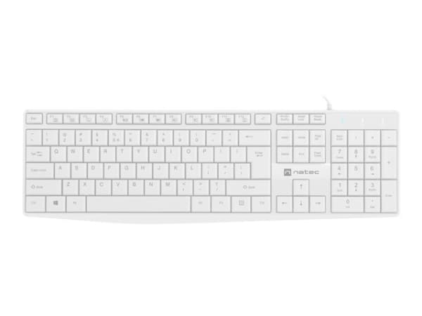 NATEC NAUTILUS, Full størrelse (100 og), Koblet med ledninger (ikke trådløs), USB, Membrannøkkelbryter, QWERTY, Hvit Hvit