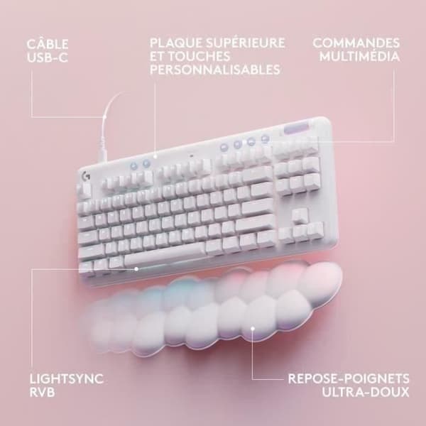 Logitech G - Gaming Keyboard - G713 Wired Mechanical Taktil (GX Brown) med handledsstöd - White Mist