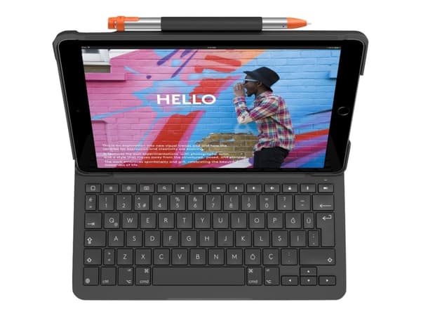 Logitech Slim Folio - Tangentbord och foliefodral - trådlös - Bluetooth LE - QWERTY - nordiskt (danska/finska/norska/svenska) - oxford-grå - för Appl