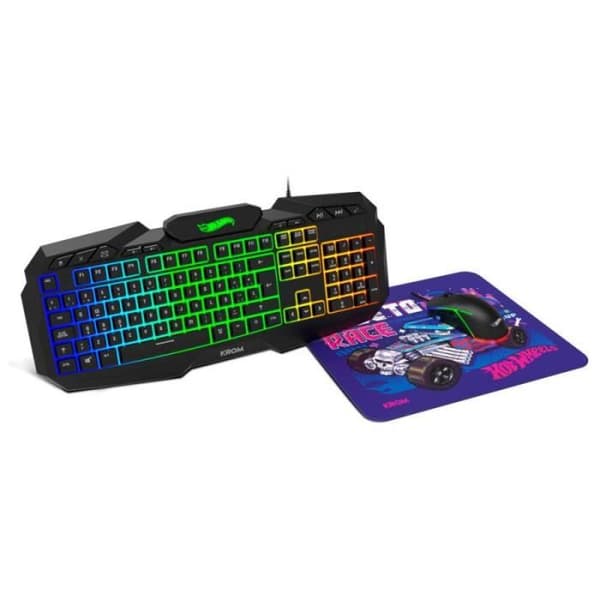 KROM Hot Wheels Edition Tangentbord, Mus och Mat Kit -NXHW- Gaming Pack Membrane RGB Tangentbord, Mus med sensor Svart