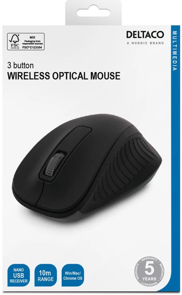 DELTACO trådløs optisk mus, 2.4GHz, 3 knapper med scroll, svart
