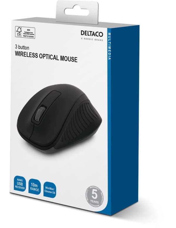 DELTACO trådløs optisk mus, 2.4GHz, 3 knapper med scroll, svart